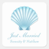 Elegante Just Married Muschel Blue Nautical Weddin Quadratischer Aufkleber (Vorderseite)