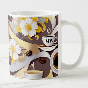 Elegante, kaffee gelbe Blumen & Bänder & Initialen Kaffeetasse