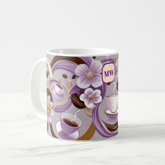 Elegante Kaffeebeutel-Blume & Bänder-Monogramm Kaffeetasse (Vorderseite Links)
