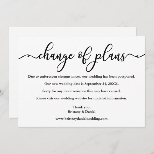 Elegante Kalligrafie Änderung von Plänen Neue Datu Save The Date (Vorne/Hinten)