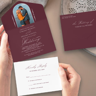 Elegante Kalligrafie Burgunderrot Foto RSVP Hochze All In One Einladung