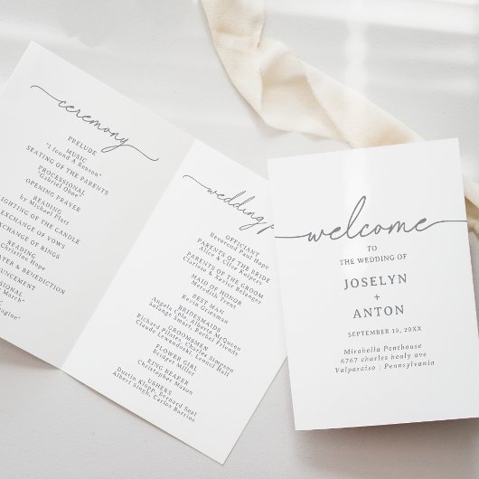 Elegante Kalligrafie Chic Graue Gefaltete Hochzeit Programm