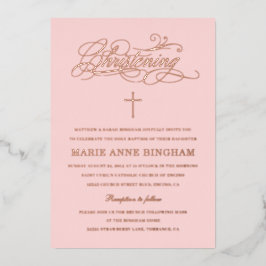Elegante Kalligrafie Christening Blush Rose Folieneinladung