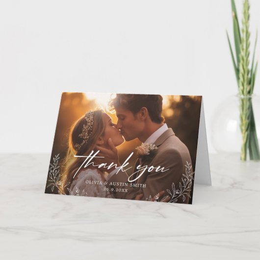 Elegante Kalligrafie Custom Foto Wedding Dankeskarte (Vorderseite)