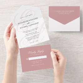 Elegante Kalligrafie Dusty Pink Monogram Wedding All In One Einladung