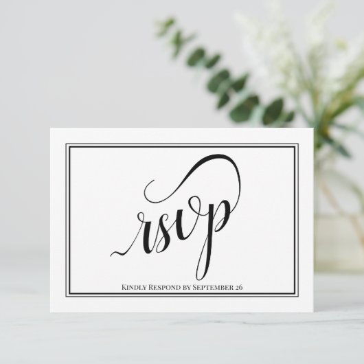 Elegante Kalligrafie Einfache Schwarz-Weiß-Hochzei RSVP Karte (Stehend Vorderseite)