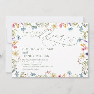 Elegante Kalligrafie Farbige Wildblumen Hochzeit Einladung