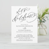 Elegante Kalligrafie Feiern wir Schwarz & Weiß Einladung (Stehend Vorderseite)