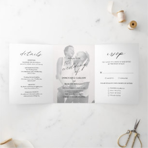 Elegante Kalligrafie-Foto-Moderne Hochzeit Dreifach Gefaltete Einladung