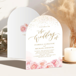 Elegante Kalligrafie Gold- und Rosenblüten-Hochzei Einladung