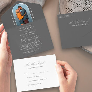 Elegante Kalligrafie Graue Foto-RSVP-Hochzeit All In One Einladung