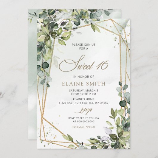 Elegante Kalligrafie Grüne Eukalyptus Sweet 16 Einladung (Vorne/Hinten)