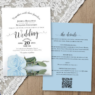 Elegante Kalligrafie Hellblaue Rose QR-Code Hochze Einladung