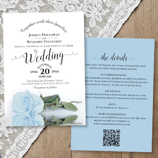 Elegante Kalligrafie Hellblaue Rose QR-Code Hochze Einladung