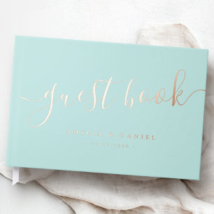 Elegante Kalligrafie Hochzeit Licht Aqua Blau real Gästebuch