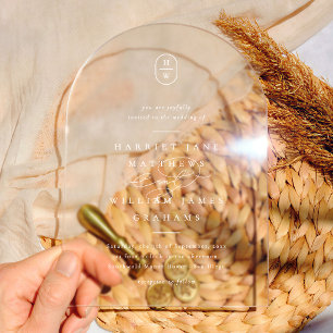 Elegante Kalligrafie-Initialen Weiße Bogen-Hochzei Acryleinladungen