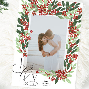 Elegante Kalligrafie JOY Botanisches Weihnachtsfot Feiertagskarte