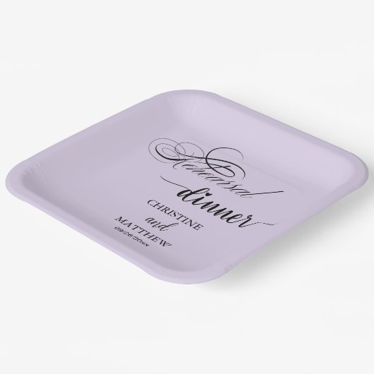 Elegante Kalligrafie Lila Probe Abendessen Pappteller (Gewinkelt)