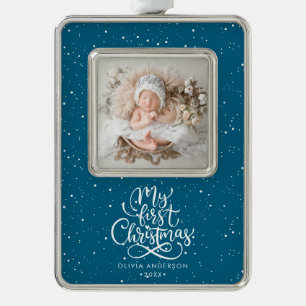 Elegante Kalligrafie Mein erstes Weihnachtsfoto Rahmen-Ornament Silber