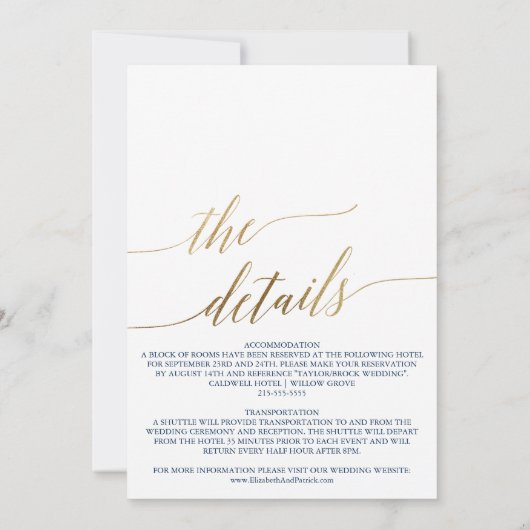 Elegante Kalligrafie mit Details zur BackWedding Einladung (Rückseite)