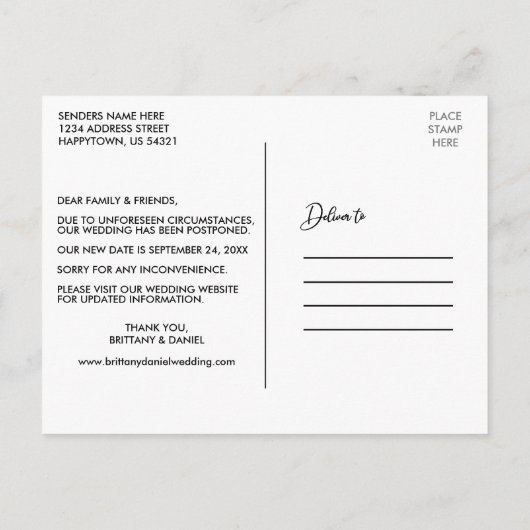 Elegante Kalligrafie - Neues Datum ändert das Datu Postkarte (Rückseite)