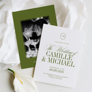 Elegante Kalligrafie Oliven Grün Foto Hochzeit Einladung
