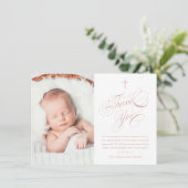 Elegante Kalligrafie Pink Girls Foto Taufe Dankeskarte (Stehend Vorderseite)