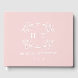 Elegante Kalligrafie Pink White Monogram Wedding Gästebuch