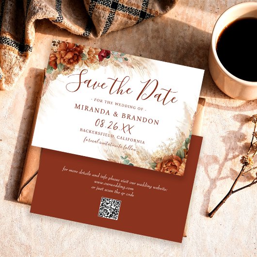 Elegante Kalligrafie QR-Code Floral Boho Hochzeit Save The Date
