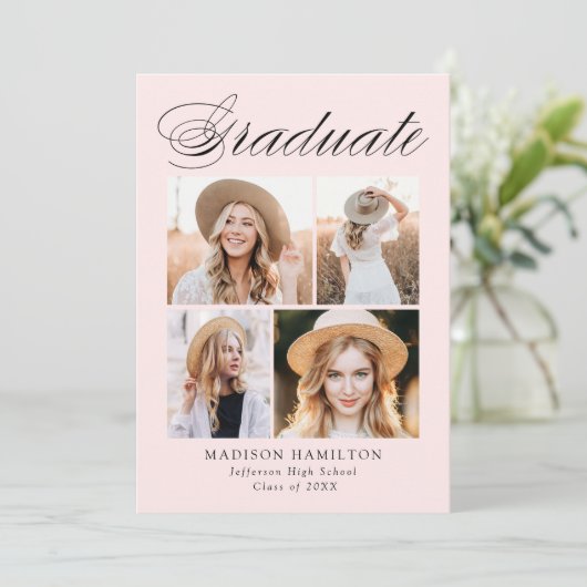 Elegante Kalligrafie Rosa Rosa 4 Foto Abschluss Ankündigung (Stehend Vorderseite)