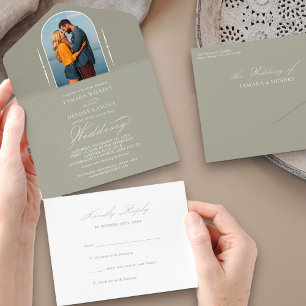 Elegante Kalligrafie Salbeigrün Foto RSVP Hochzeit All In One Einladung