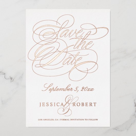 Elegante Kalligrafie Save the Date Foto Rose Gold Folieneinladung (Vorderseite)