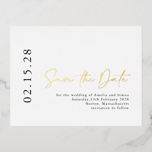 Elegante Kalligrafie Save the Date Real Gold Folie Einladungspostkarte (Vorderseite)