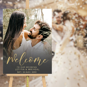 Elegante Kalligrafie Schwarz & Gold Foto-Hochzeit  Poster