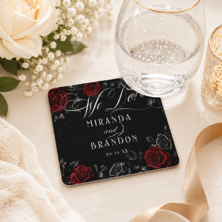 Elegante Kalligrafie Schwarz-Rot Florale Hochzeit Rechteckiger Pappuntersetzer