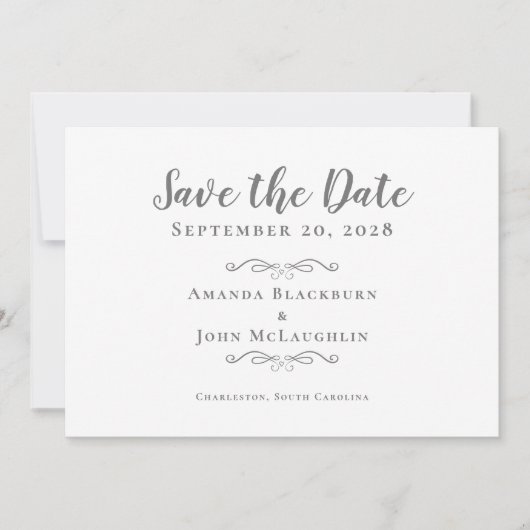Elegante Kalligrafie Script Delikate Romantik Grau Save The Date (Vorderseite)
