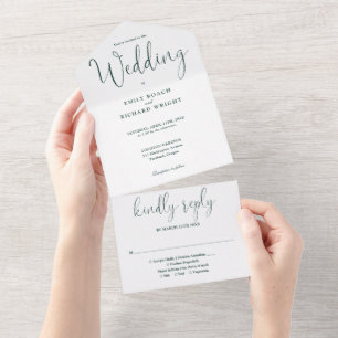 Elegante Kalligrafie Script Emerald Green Wedding All In One Einladung