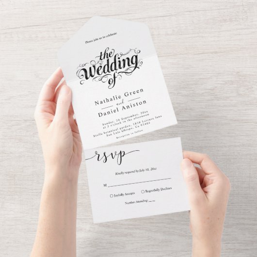 Elegante Kalligrafie Script Schwarz-Weiß-Hochzeit All In One Einladung (Abreißen)