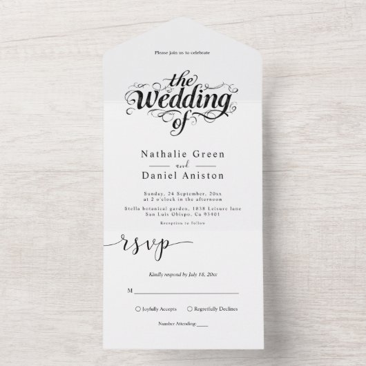 Elegante Kalligrafie Script Schwarz-Weiß-Hochzeit All In One Einladung (Innen Boden)