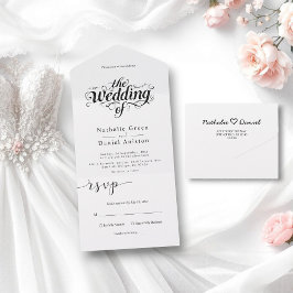 Elegante Kalligrafie Script Schwarz-Weiß-Hochzeit All In One Einladung
