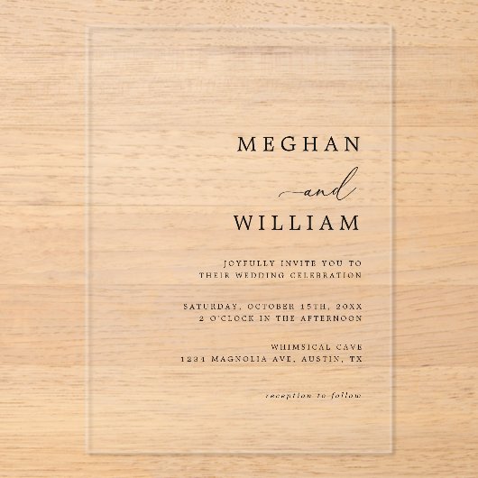 Elegante Kalligrafie Script Schwarz-weiß Wedding Acryleinladungen (Vorderseite)