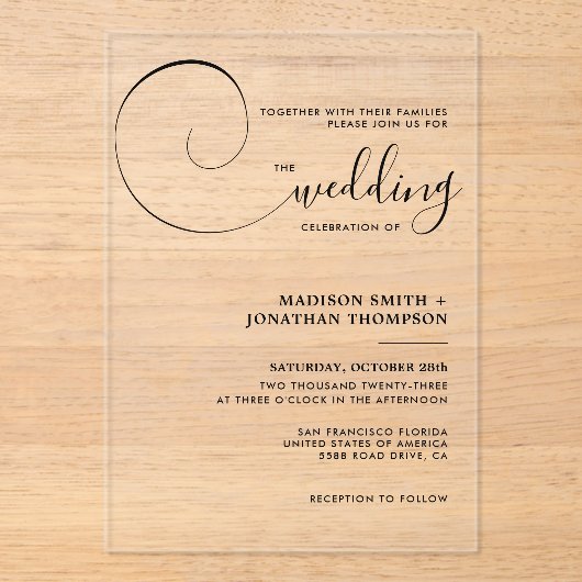 Elegante Kalligrafie Script Wedding Acryleinladungen (Vorderseite)