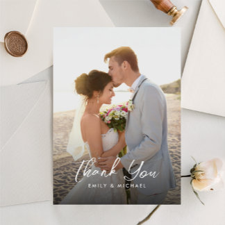 Elegante Kalligrafie Staubblau Foto Hochzeit Dankeskarte