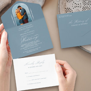 Elegante Kalligrafie Staubblau Foto RSVP Hochzeit All In One Einladung