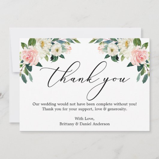 Elegante Kalligrafie Wasserfarbe Rosa Weiße Blüte Dankeskarte (Vorderseite)