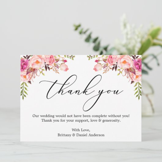 Elegante Kalligrafie Wasserfarben Rosa Blüte Dankeskarte (Stehend Vorderseite)