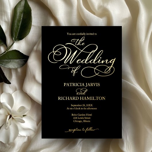 Elegante Kalligrafie Wedding Black Gold Folieneinladung