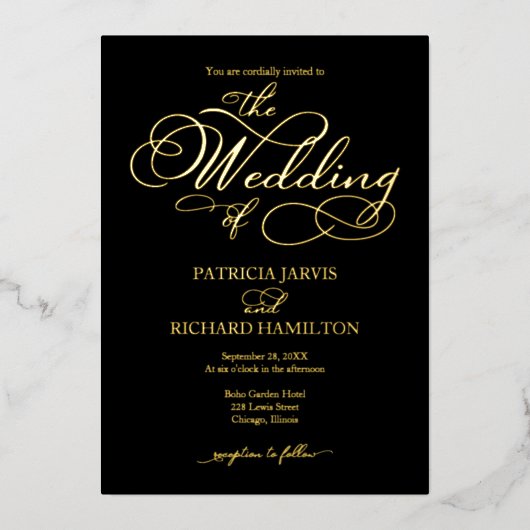 Elegante Kalligrafie Wedding Black Gold Folieneinladung (Vorderseite)