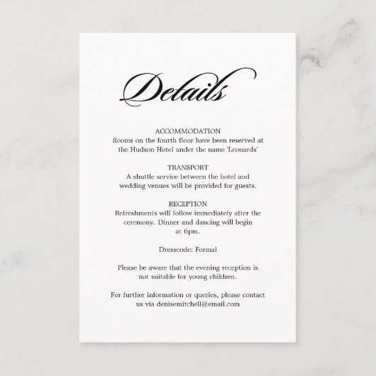 Elegante Kalligrafie White Wedding Details Begleitkarte (Vorderseite)