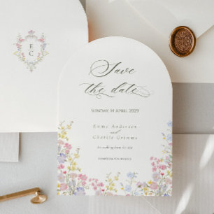 Elegante Kalligrafie Wildblumen Hochzeit Termin vo Einladung